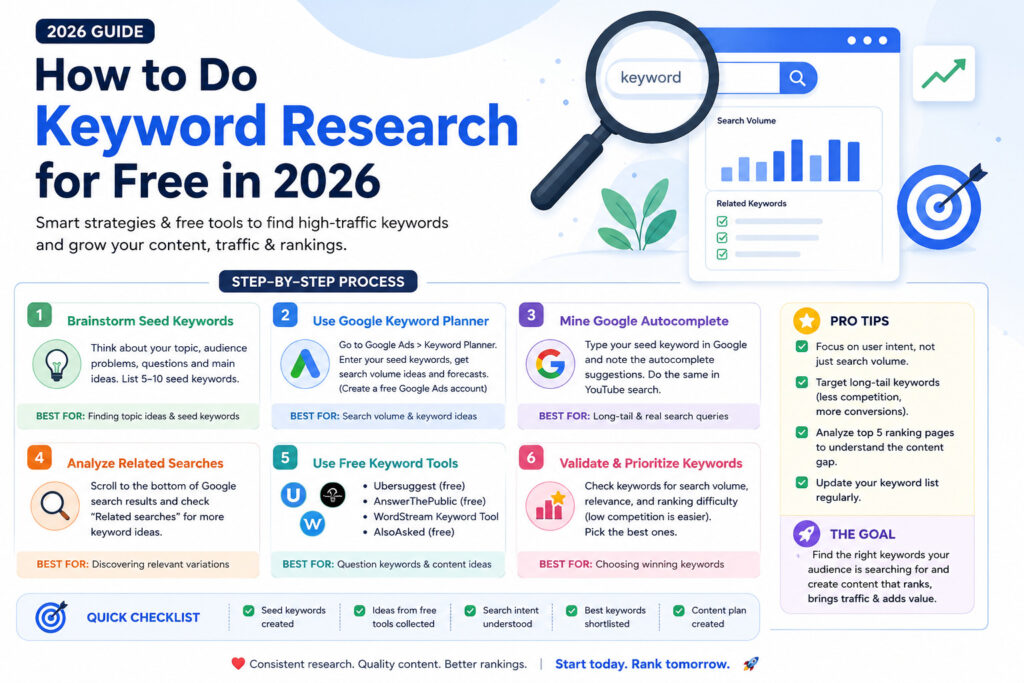 How to do keyword research for free in 2026 using Google Keyword Planner, Google Autocomplete, and free SEO tools.