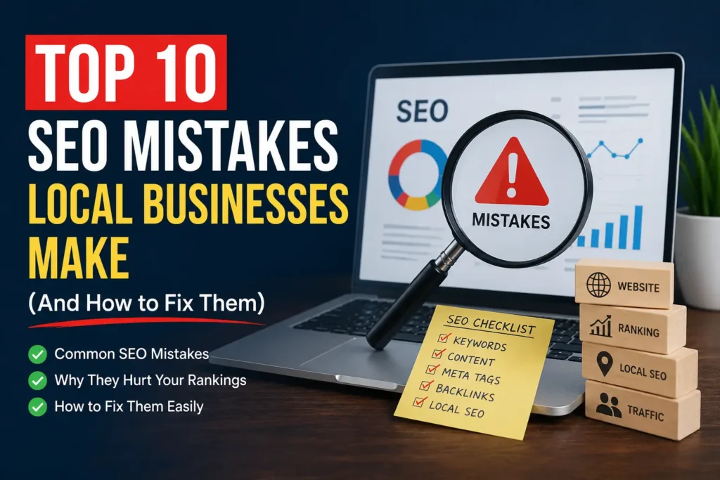 Professional illustration showing the top SEO mistakes local businesses make with practical solutions to improve Google rankings, local SEO, and website traffic.