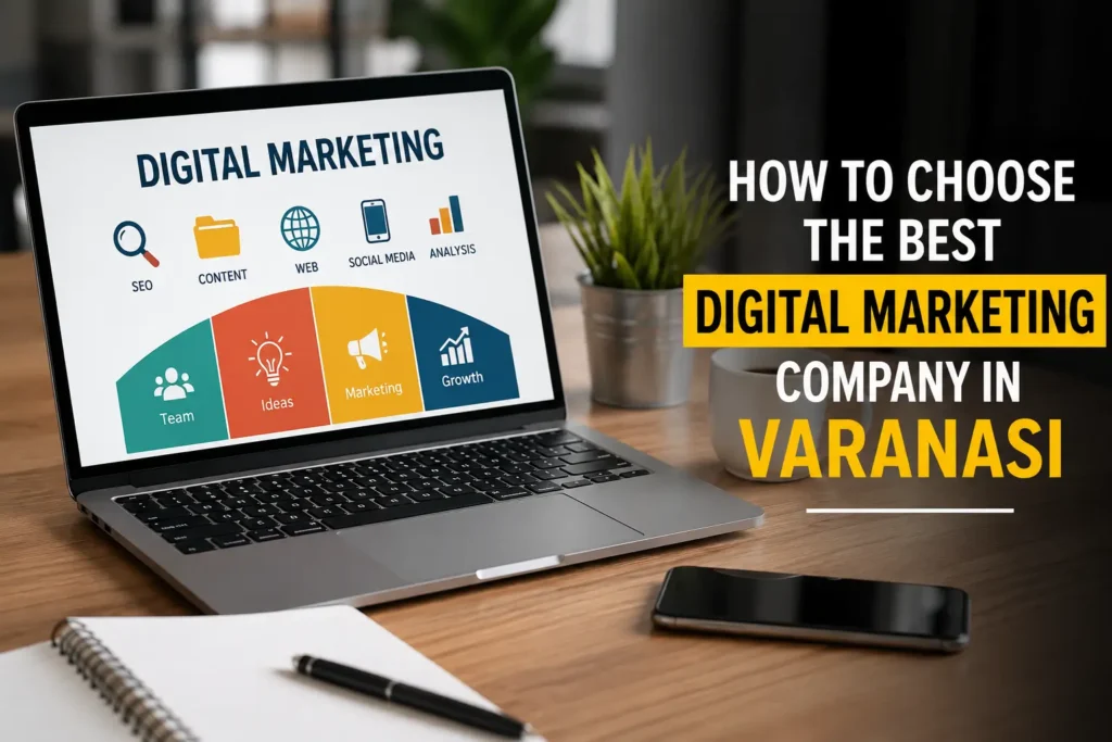 How to Choose the Best Digital Marketing Company in Varanasi – Professional digital marketing workspace with SEO, Google Ads, social media marketing, and business growth strategy.