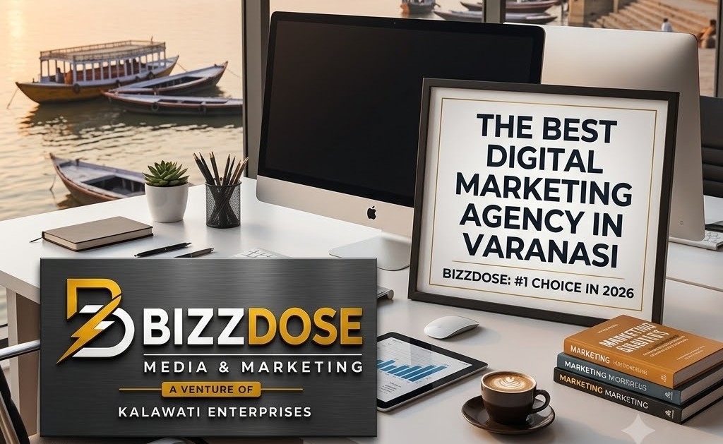 Bizzdose Media & Marketing, the best digital marketing agency in Varanasi, showcasing their office setup with a view of Varanasi ghats.