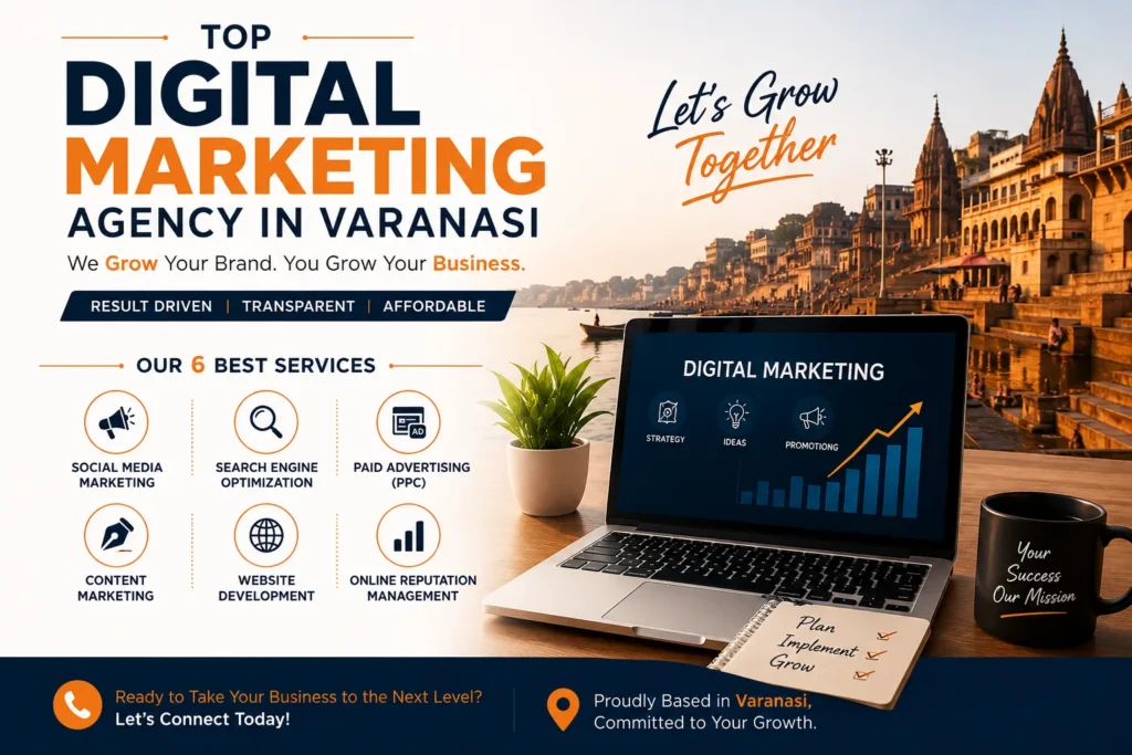 Top Digital Marketing Agency in Varanasi offering SEO, Social Media Marketing, PPC, Content Marketing, Website Development, and ORM services by Bizzdose Media & Marketing.