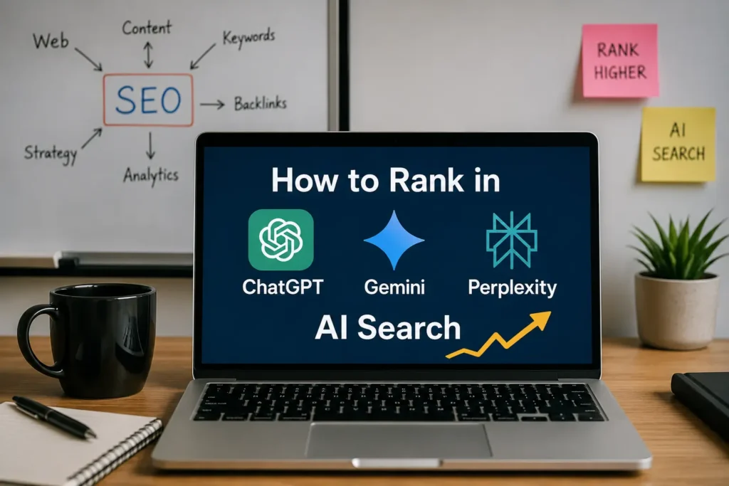 How to rank in ChatGPT, Gemini, and Perplexity AI search with modern AI SEO and content optimization strategies.