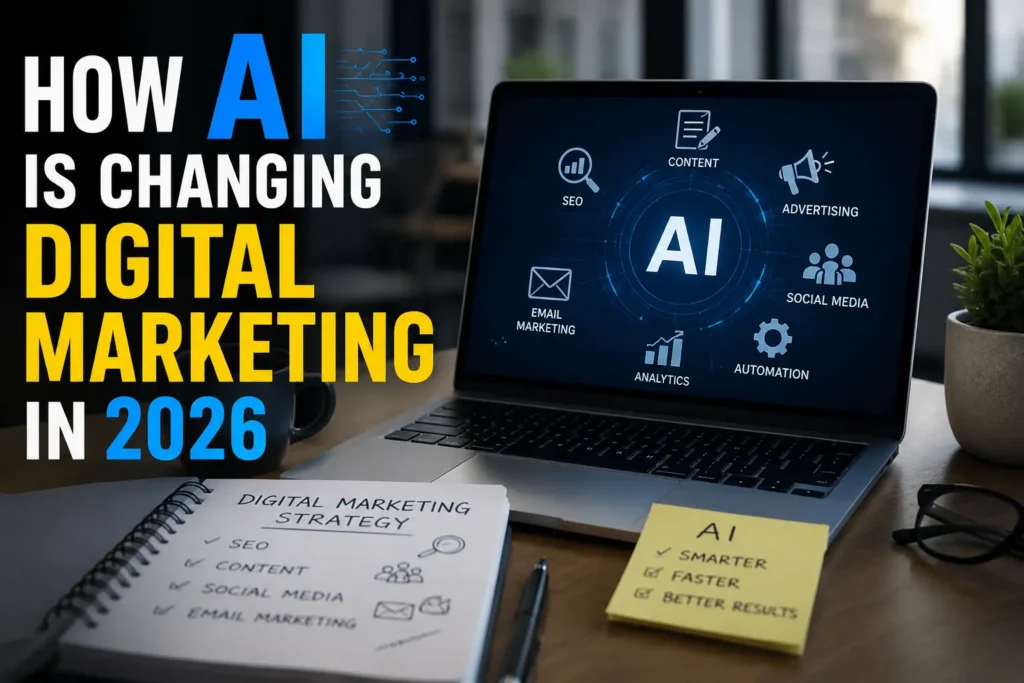Laptop displaying AI-powered digital marketing tools including SEO, content marketing, automation, analytics, email marketing, and social media in 2026.