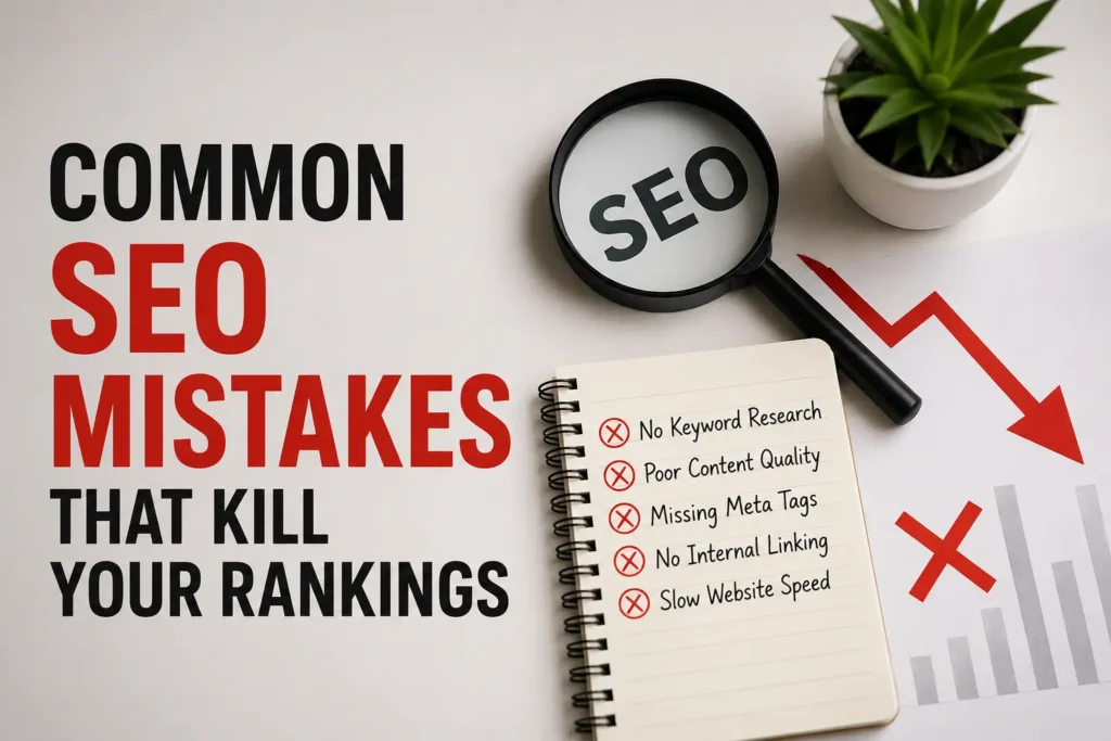 Common SEO mistakes including poor keyword research, missing meta tags, slow website speed, weak internal linking, and low-quality content that negatively affect Google search rankings.