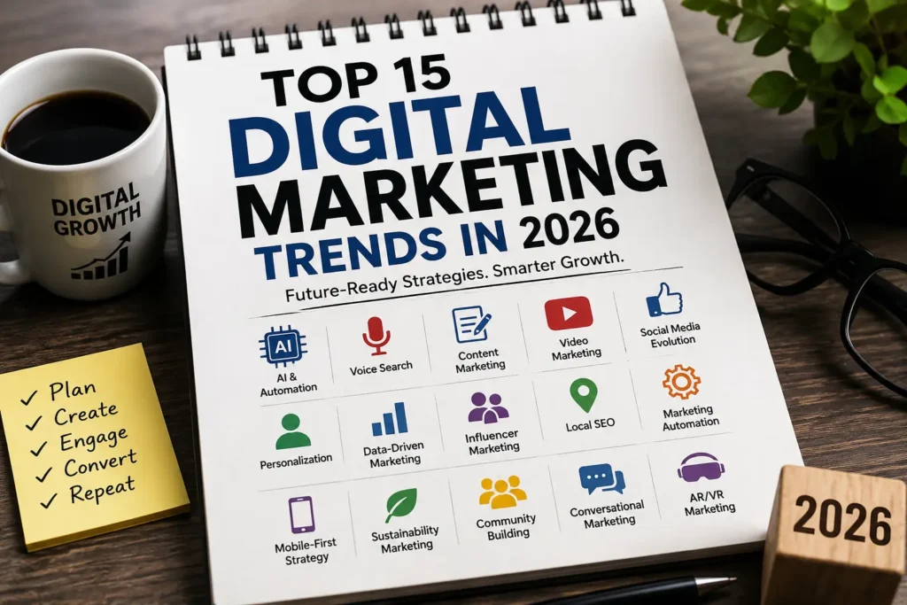 Top 15 Digital Marketing Trends in 2026 including AI, SEO, Local SEO, Google Business Profile, content marketing, voice search, and social media strategies by Bizzdose.
