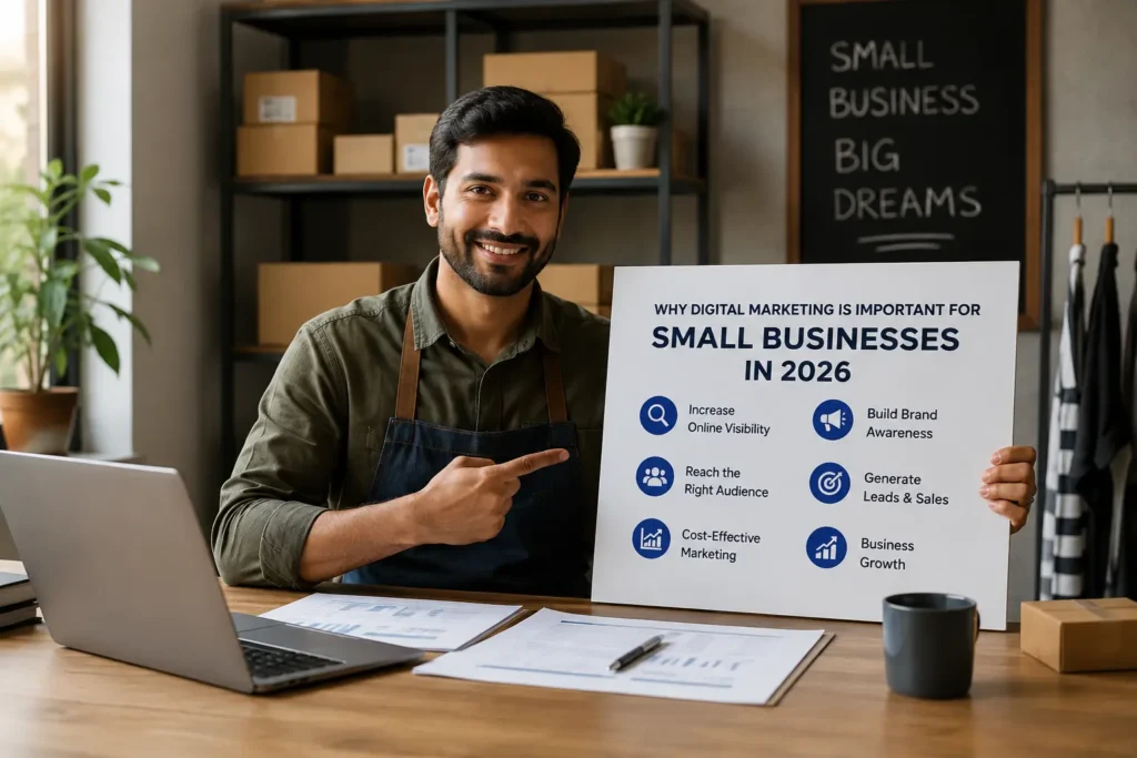Small business owner using digital marketing strategies for business growth in 2026