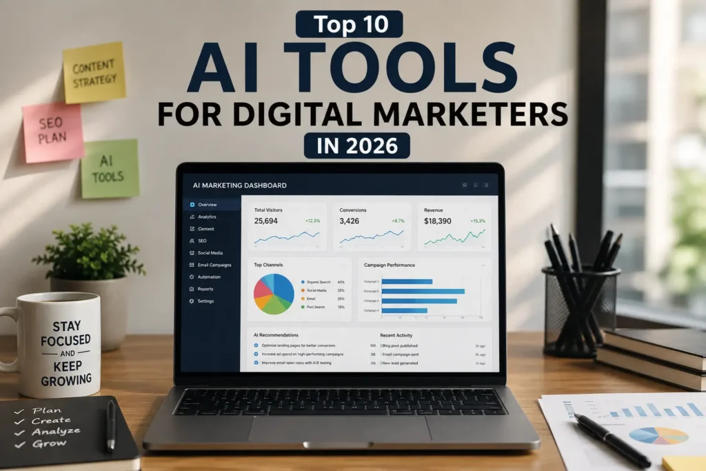 Top 10 AI tools for digital marketers in 2026 with AI marketing dashboard and analytics
