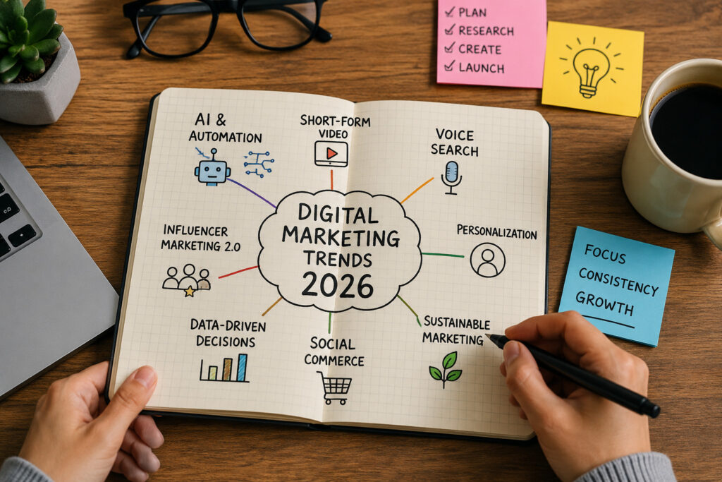 A marketing professional planning Digital Marketing Trends for 2026 with AI automation, SEO, social media marketing, voice search, personalization, influencer marketing, and data-driven strategies on a notebook in a modern workspace.