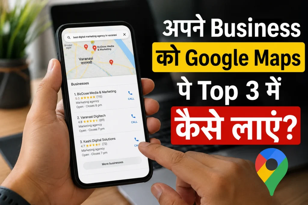 Business owner checking Google Maps local search results on a smartphone to learn how to rank in the Google Maps Top 3 using Google Business Profile optimization and local SEO.
