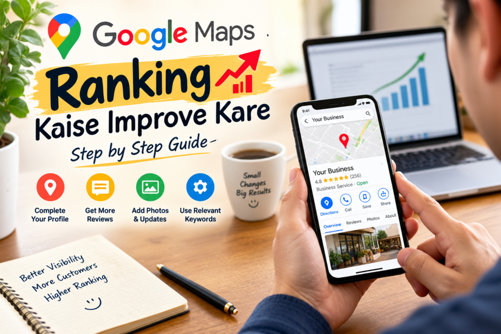 Person using Google Maps Business Profile on a smartphone with local SEO growth chart and Google Maps ranking improvement concept.
