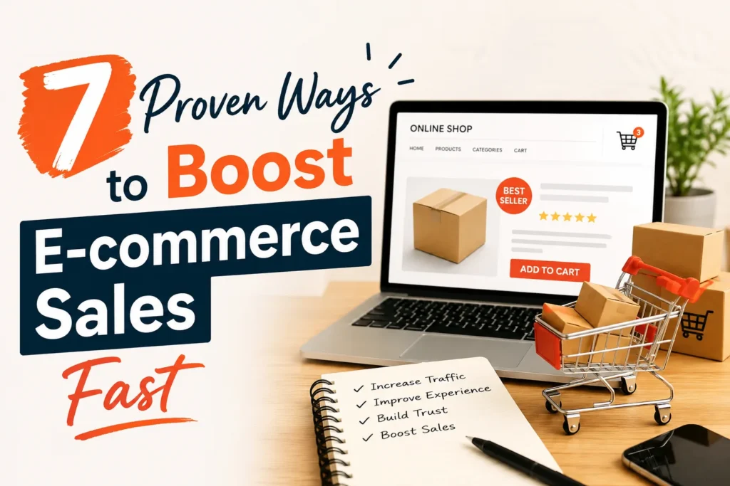 Laptop showing an online shopping store with shopping cart and delivery boxes representing 7 proven ways to boost e-commerce sales fast.